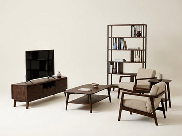 Avila & Shizen Yaşam Alanı Takımı - Çıtalı Kitaplık, 150 cm TV Ünitesi | Koyu Meşe
