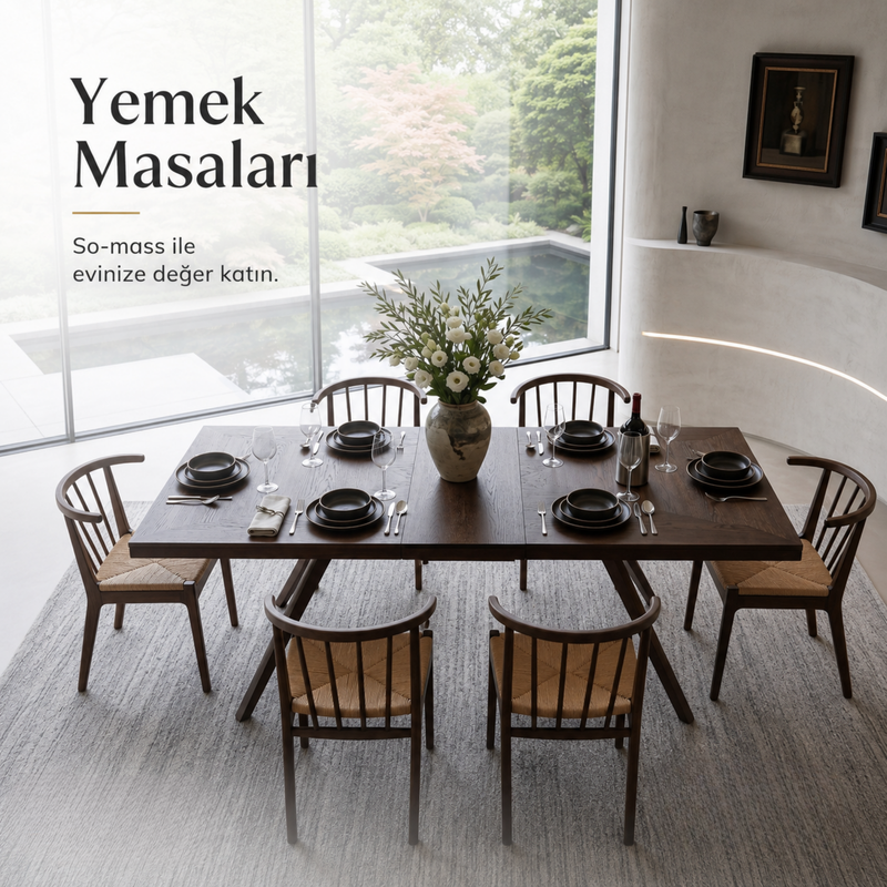 Yemek masaları – Diamond ahşap yemek masası ve Viking ip örgülü sandalyeler